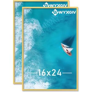16x24 Picture Frame Set of 2, Scratch-Proof Gold Frame Lightweight yet Sturdy Display Poster Artwork 16 x 24 Horizontally/Vertically - Slide-In Strips|2 Packs|Gold|16"x24"