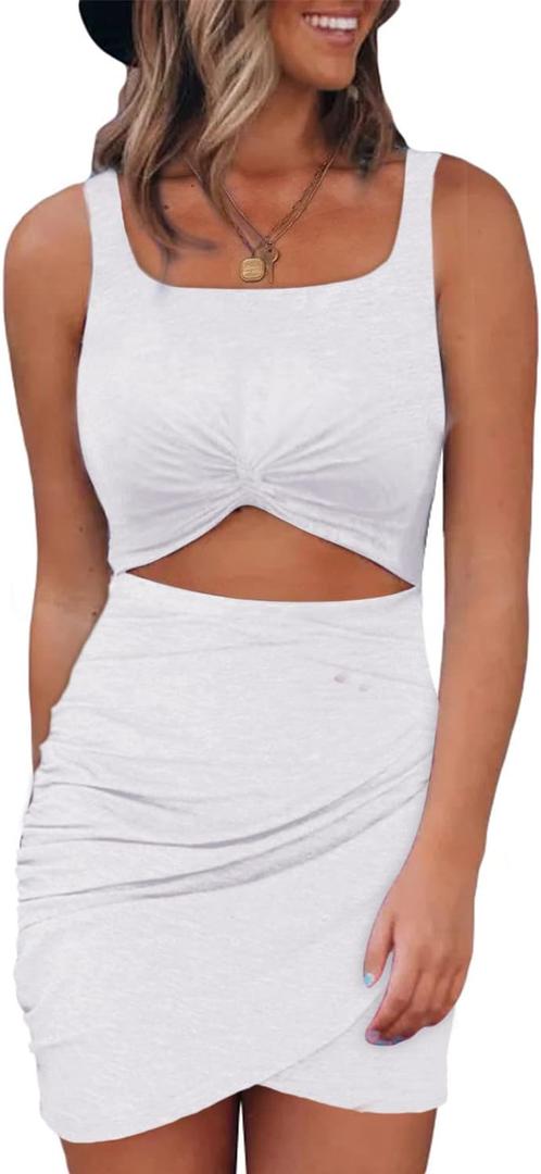 Acelitt Summer Dresses for Women 2025 Cut Out Twist Front Ruched Wrap Bodycon Sleeveless Party Club Mini Dress Beach Sundress (Small)