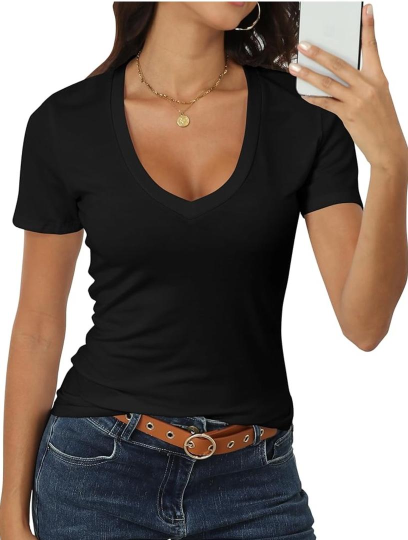 Roselux Women Short Sleeve Deep V Neck Tops Shirts Fitted Cotton Summer Tshirt Tee, Size S