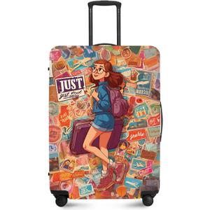 ANNA QUEEN Vintage Travel Stickers Gir Luggage Cover -Stretchable Airplane Suitcase Protector Sleeve,Universal Washable Fit for 20-22 Inch Checked Baggage,Water Resistant Durable Luggage Protector