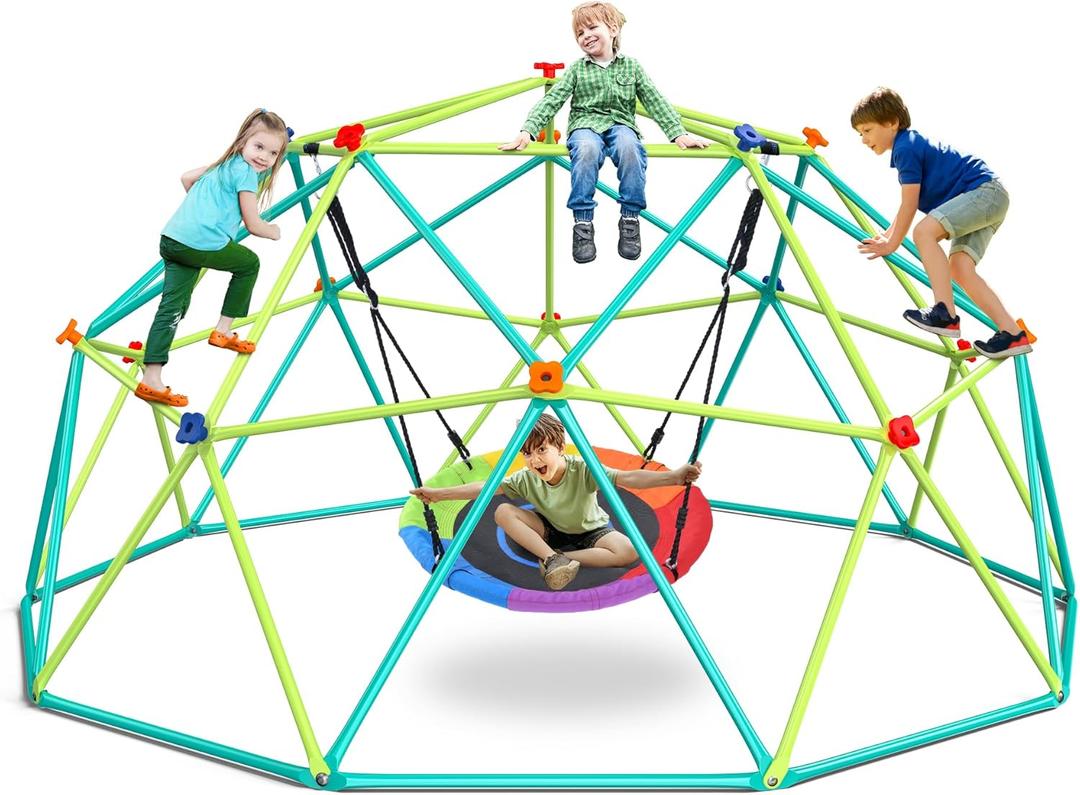 Hapfan 10 ft Climbing Dome Swing Set with Saucer Swing, Jungle Gym for Kids Outdoor Backyard, Supports 800lbs, Easy Asssembly, Rust-Resistant Outdoor Playset for Ages 3-8 8-12 (Lime Green and Blue)