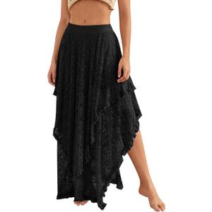 YKR Womens Lace Long Skirts Elastic Asymmetrical Layered Hem Sexy See-Through Flowy Skirts Floral Beach Maxi Skirt (Medium, Black)