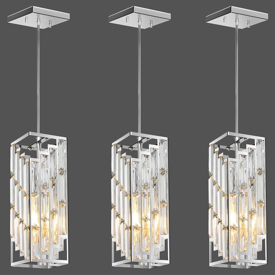 Chrome Pendant Lights Kitchen Island 3 Pack, Mini Crystal Chandeliers, Modern Pendant Lights Ceiling Lighting Fixtures for Kitchen Island, Dinning Room, Bedroom