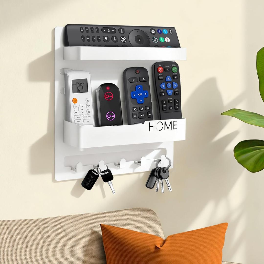 Bedside Organizer Remote Holder - Wall Mount Storage for Phone, Glasses & Essentials with 5 Hooks (White)