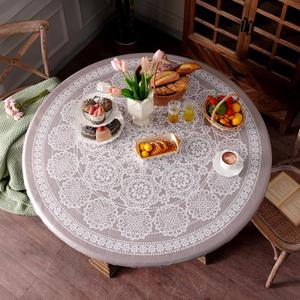 Round Fitted Tablecloth with Elastic Farmhouse Waterproof Oli Proof Table Cover Rustic Wipeable Vinyl Table Protector for Home Picnic Outdoor (Light Gray, 46"-55" Round Tight Fit)