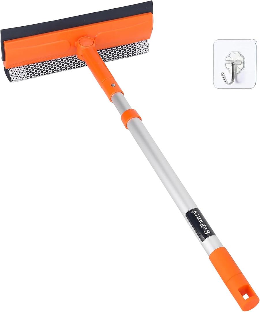 Window Squeegee for Home, Car Windshield Cleaner Tool with Extension Pole 20''-30'', Glass Door and Mirror Washer for Shower Cleaning (Orange)