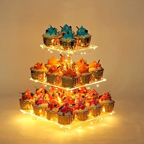 YestBuy 3 Tier Clear Square Cupcake Stand - Premium Cupcake Holder - Acrylic Cupcake Tower Display - Cady Bar Party Décor + LED Light String - Ideal for Weddings, Birthday Parties (Yellow Light)