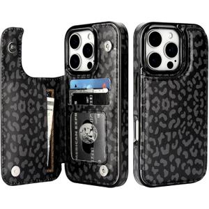 HAOPINSH for iPhone 16 Pro Wallet Case with Card Holder, Black Leopard Cheetah Pattern Back Flip Folio PU Leather Kickstand Card Slots Case for Women Girls, Double Magnetic Clasp Shockproof 6.3"
