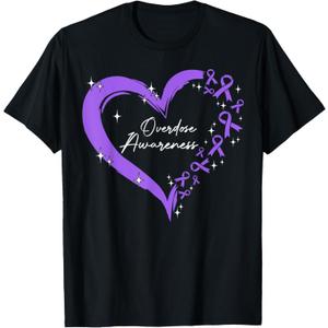 Overdose Awareness Purple Ribbon Drug Addiction Heart T-Shirt (Small, Black)
