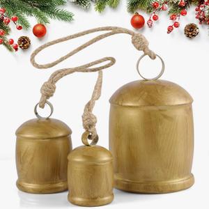3 Pcs Harmony Cow Bells Vintage Christmas Gold Bells, Decorative Large Rustic Hanging Bell Ornaments for Christmas Mantel Garlands Table Centerpiece Set of 3 (3)