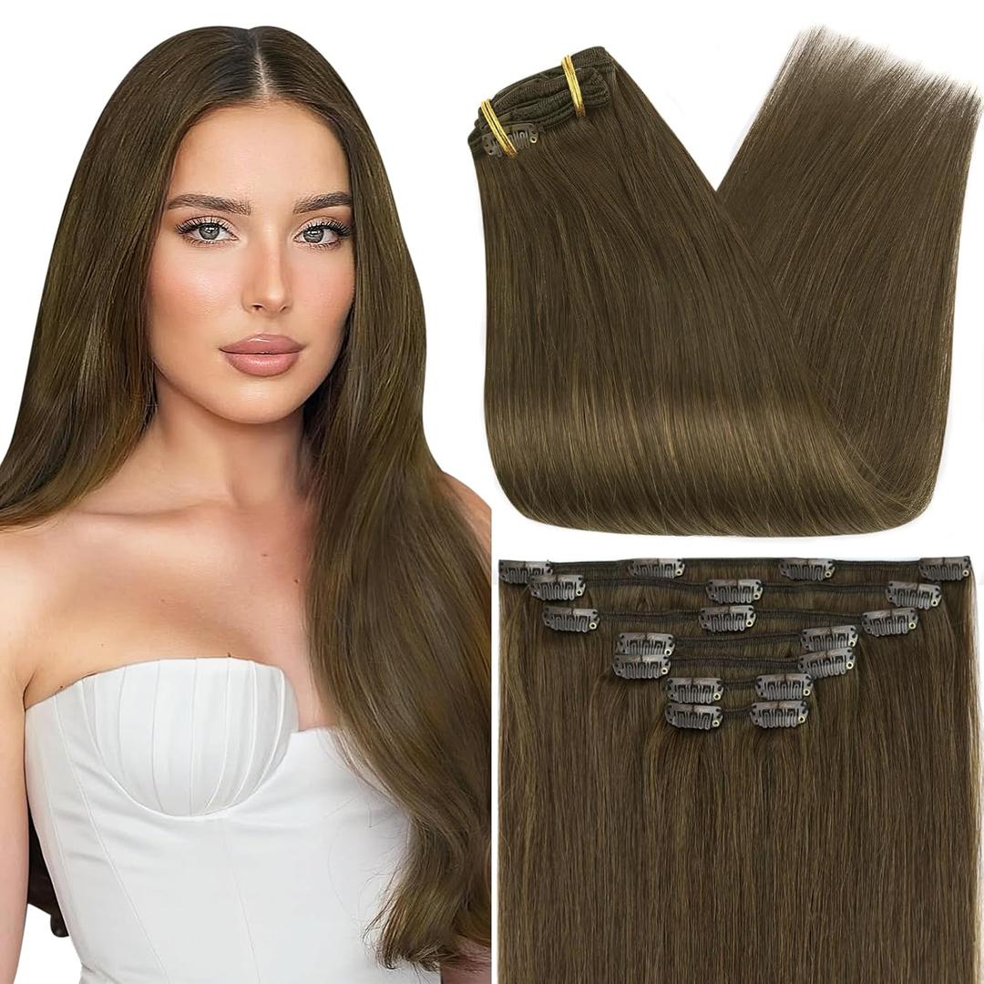 Full Shine Clip in Hair Extensions Brown Human Hair Extensions Clip ins Medium Brown Straight Brazilian Hair Extension for Thin Hair 20 Inch 7 Pcs 120 G (20 Inch(Pack of 1), # 4 Medium Brown)
