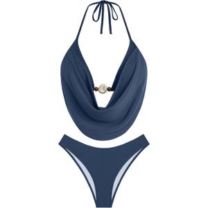 ZAFUL Women's Two Piece Bikini Sets Triangle Halter Swimsuit Deep V Cowl Neck Ruching Bathing Suits S