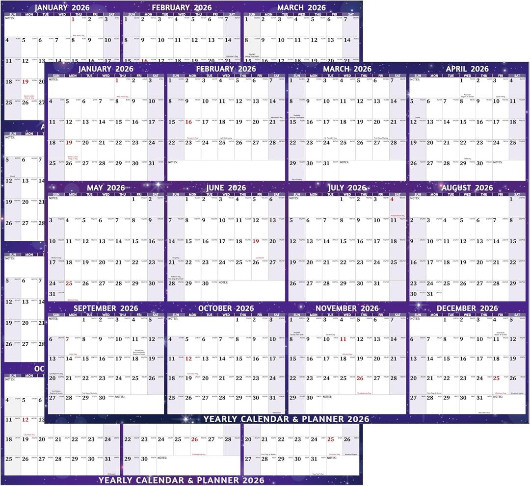 2 x 2026 Dry Erase Calendar  Large Yearly Wall calendar 2026, 33.7'' x 45.1'', 2-Side Reversible Calendar 2026, Vertical/Horizontal, Jan 2026  Dec 2026, 2026 Wall Calendar with Notes, Stickers - Purple