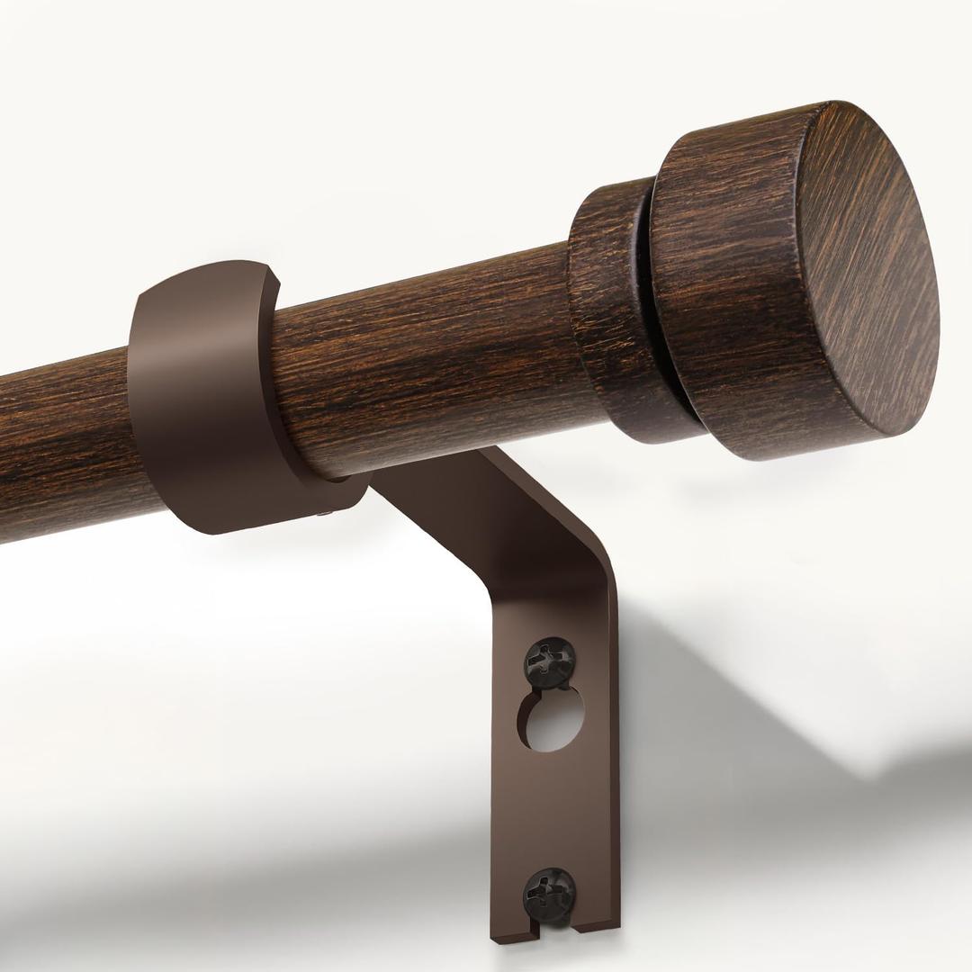 Lootkell Deep Walnut Wood Curtain Rods for Windows 66 to 120 1" Diameter Heavy Duty Window Curtain Rod Adjustable with Handmade Wood Grain Design for Living Room Bedroom Kitchen Farmhouse Outdoor