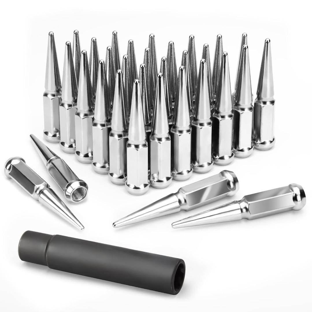 KSP F250 F350 Spike Lug Nuts 32pcs, 9/16-18" Chrome Spiked Lug Nut Compatible with Dodge Ram 2500 3500 1994-2011, 4.4" Height Bulge Acorn Alloy Steel Spikes Lug Nut with 1 Socket Key for 8x165.1 Rim