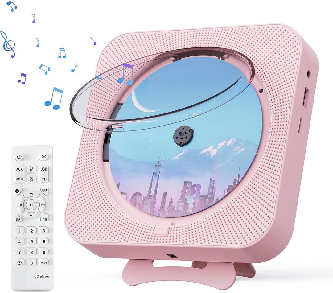MICOCIOUS Portable CD Player with Bluetooth Desktop CD Player for Home CD Music Players with Remote Control,Timer,Built-in Dual Speakers with LED Display Home Audio Boombox FM Radio (Pink)