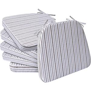 AAAAAcessories D-Shaped Chair Cushions, 2" Thick Dining Chair Pads with Ties and Removable, Machine-Washable Cover, 17" x 16", Set of 6, Pinstripe Brown