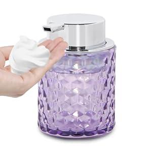 Fvstar 10 Oz Glass Hand Soap Dispenser with Pump, Refillable Bathroom Gold Foaming Soap Dispenser, Vintage Glass Diamond Lotion Container Bottle for Bathroom and Kitchen (1, Purple and Silver)
