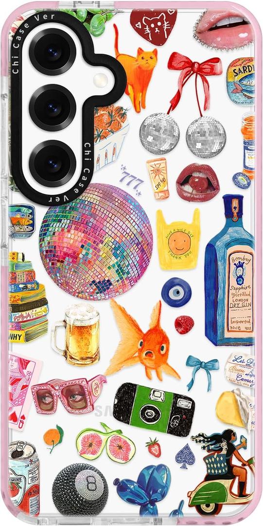 for Samsung Galaxy S24 Ultra Case, Retro Party Collage Pattern with Disco & Gin, Military-Grade Drop Protection, Pop Art Disco Soft Slim TPU Protective & Camera Protection for Girls (LightBalls)