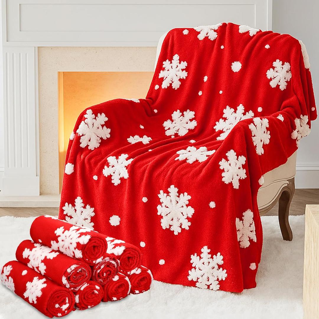 8 Set Christmas Throw Blanket Bulk 50 x 60 Inch 3D Textured Warm Faux Fleece Bed Blanket for Christmas Winter Home Decoration Bedding Couch Soft Gifts (Red, Snowflake)