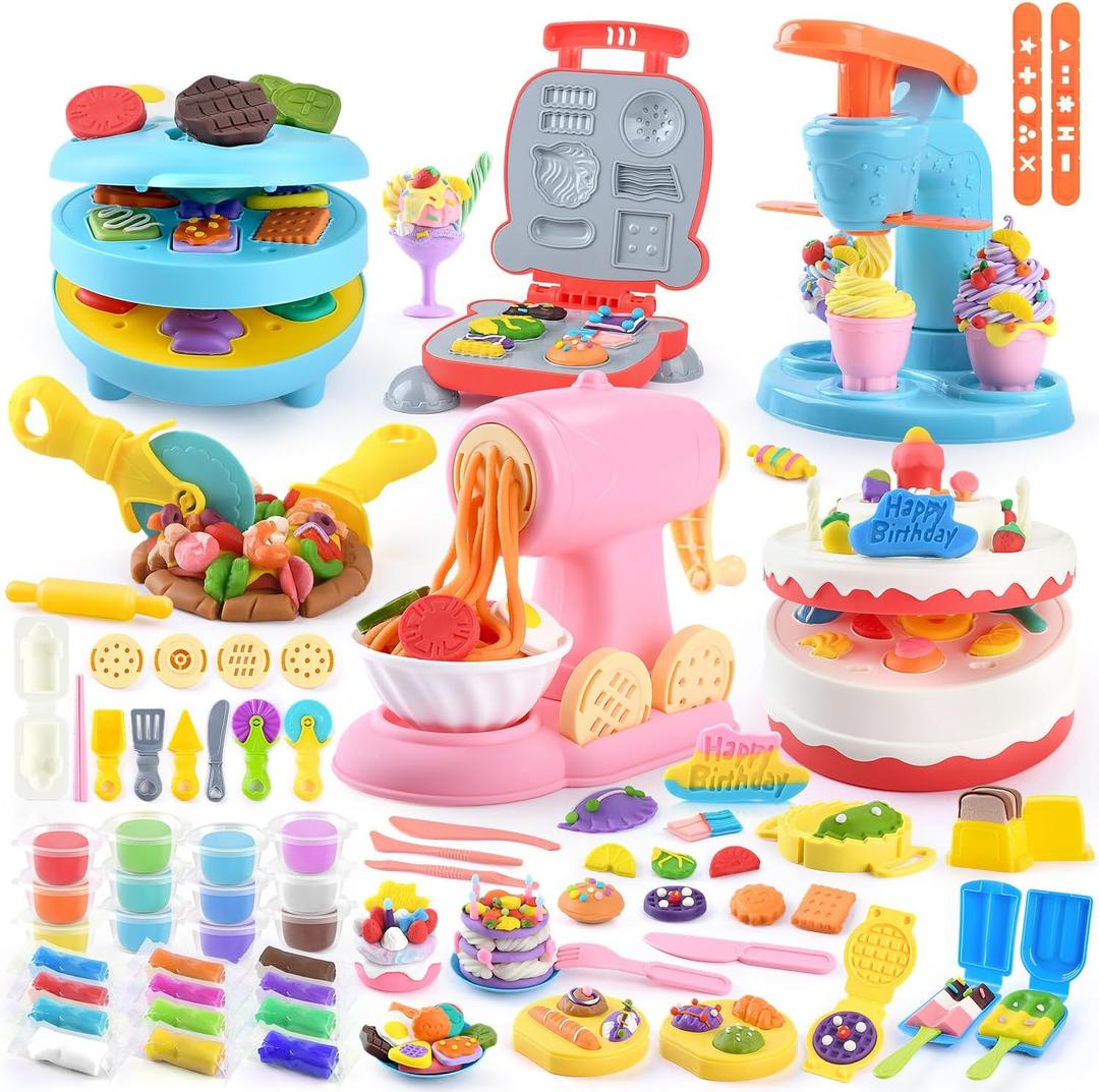 5-in-1 Color Dough Sets for Kids Ages 3+ DIY Food Maker Toys Set with 24 Dough, Arts and Crafts Kit for Pretend Play Ice Cream/Cake/Noodle/Hamburger/Pizza/Baking Set Toys Machines