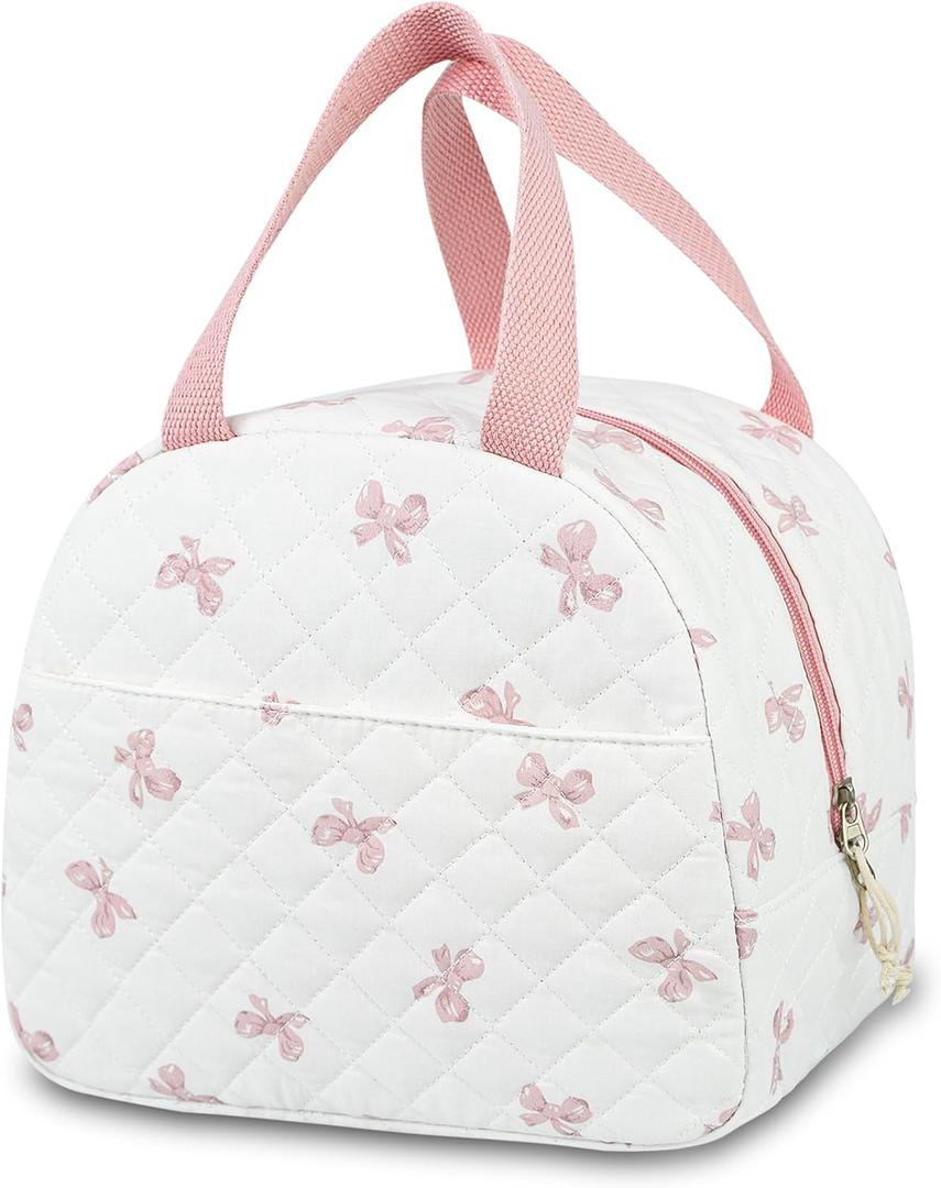 Lunch Bag for Women Insulated Lunch Box Cute Quilted Lunch Tote Bags Reusable Large Capacity Cooler Bag for Travel Work Picnic (Pink bows)