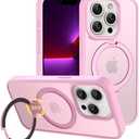 CACOE Magnetic Case for iPhone 13 Pro Max 6.7 inch with 360 Rotatable Ring Stand, Compatible with MagSafe Car Phone Mount, Cases Cover Phone Holder for Desk Meeting/Videos（Pink）