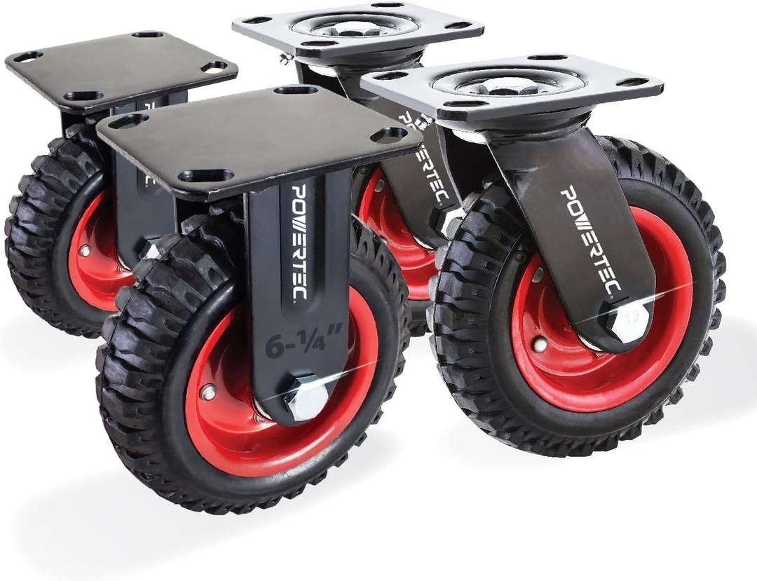 POWERTEC 6 Inch Caster Wheels Set of 4 (2 Swivel & 2 Fixed), Heavy Duty Casters w/Rubber Knobby Tread for Workbench, Dolly, Cart, Trolley, Wagon, Toolbox & Chicken Coop, Large Castor Wheels (17054V)