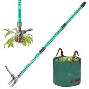 HUZSV Weed Puller Tool Gardening Hand Weeding Tool with Long Handle 4 Steel Claws and Collapsible Trash Can for Lawn and Garden,Easily Remove Weeds Without Bending, Pulling,or Kneeling