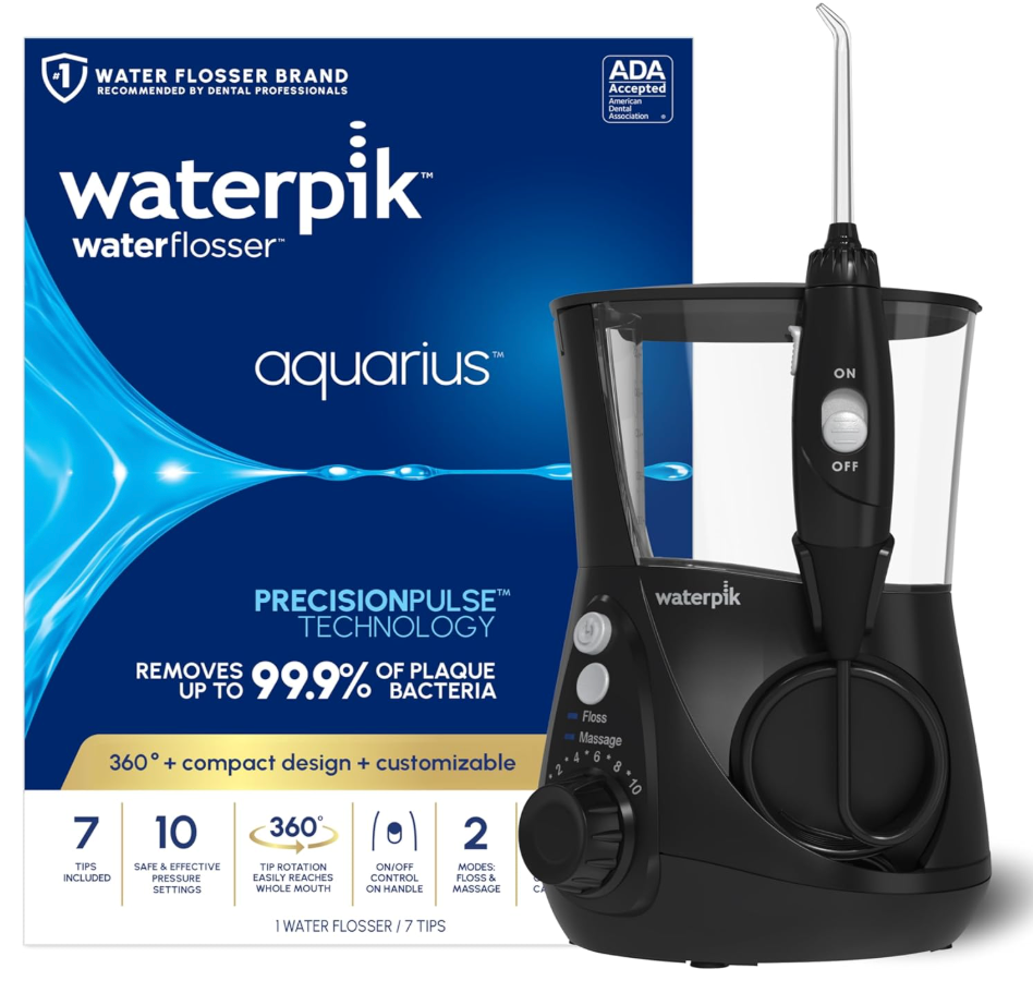Waterpik Aquarius Water Flosser For Teeth Cleaning, Gums, Braces, Dental Care, Electric Power With 10 Settings, 7 Tips For Multiple Users And Needs, ADA Accepted, Black WP662