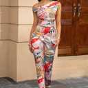 AIMISHI 2 Piece Outfits for Women Print Off the Shoulder Crop Tops High Waist Long Pants Sets Tracksuit White Red Combo Small (S)