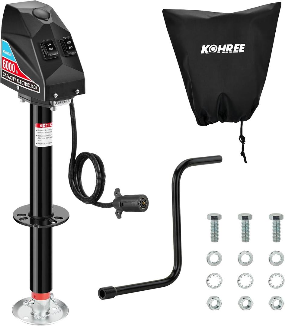 Kohree Electric Trailer Jack 6000 lbs with 7-Way Connector, Heavy Duty RV Electric Tongue Jack for Travel Trailer A-Frame Camper, with Manual Crank Handle & Weatherproof Jack Cover, 22" Lift, 12V DC