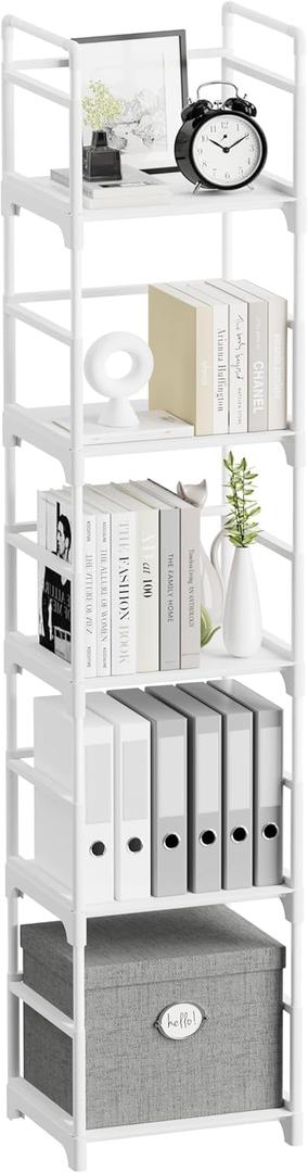 FIDUCIAL HOME 5 Tiers Narrow Bookshelf White Skinny Book Shelf Slim Thin Open Bookcase Small Spaces for Space Saving Easy Assemble