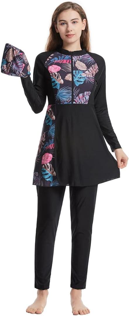 Muslim Swimsuits for Women Long Sleeve Built-in Bra Swimming Tops + Swimming Pants + Hijab Burkini Full Cover Swimwear (Black, XXL)