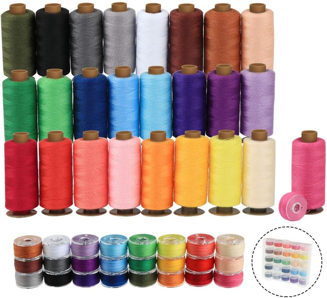 ilauke 50Pcs Bobbins Sewing Thread Kit, 400 Yards Sewing Thread Spools, Prewound Hand & Machine Thread, Sewing Machines Thread for Brother Singer Janome Juki Serger Machine, 25 Colors