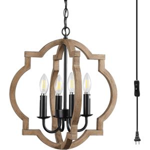 Plug in Chandelier with 16.4ft Cord,On/Off Switch,4-Light,Wood Color,Orb Wood Farmhouse Light fixtures,Outdoor Chandelier for Gazebo, Kitchen Island Dinning Foyer Entryway