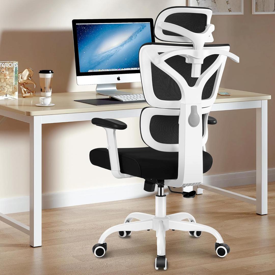 Winrise Office & Gaming Chair, High Back Ergonomic Reclining Desk Chair, Big & Tall, Comfy Home Office, Breathable Mesh, Adjustable Armrests (White)