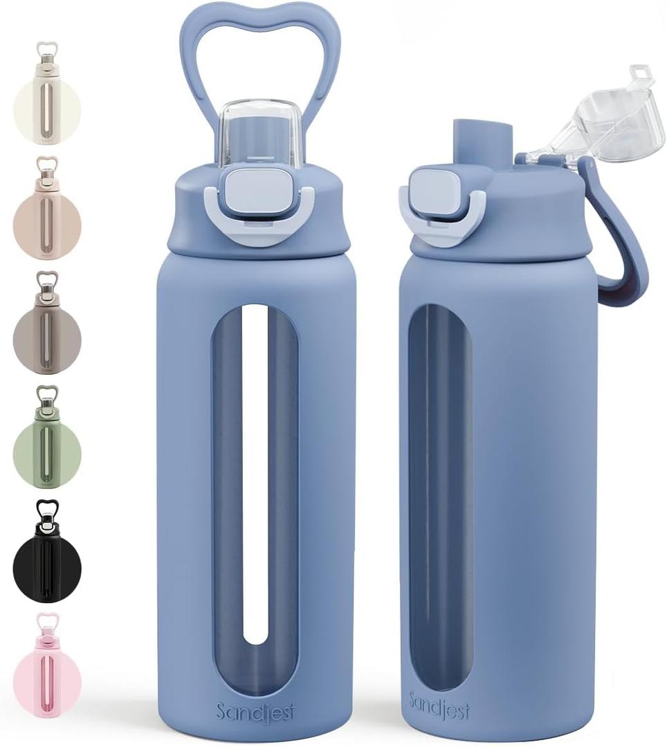 Glass Water Bottle with Silicone Sleeve 24oz with Lid, Motivational Time Marker, Drinking Hydration Glass Bottles for Men Women, Gym Travel Sports (Blue)