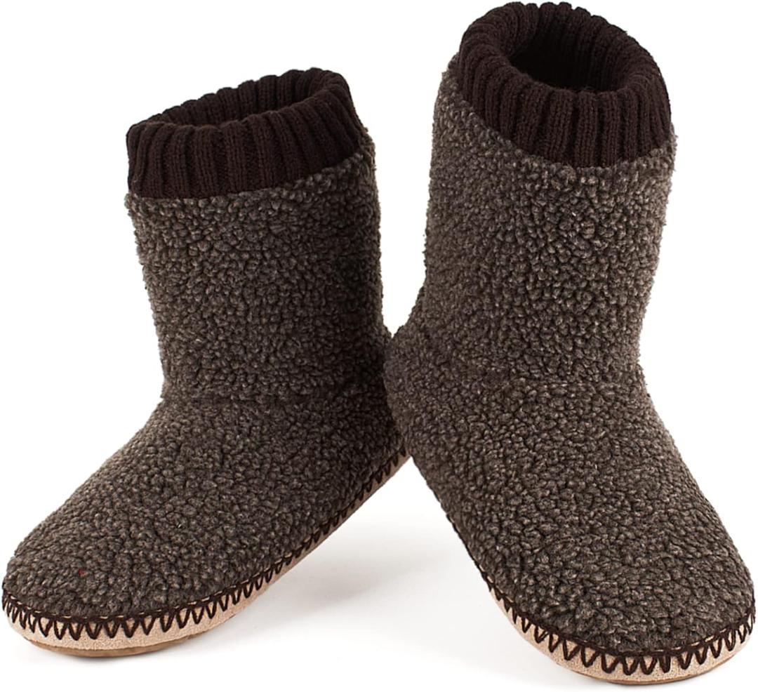 Men's Warm Up House Boots, Thick Fuzzy Sherpa Fleece Winter Moccasin Socks Non-slip Soles, Cozy Soft Comfy Indoor Shoes Rubber Grippers (14-15)