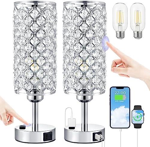 Crystal Lamp Touch Control  Sliver Crystal Table Lamps with USB C+A Ports & AC Outlet, 3-Way Dimmable Nightstand Touch Lamp, Modern Bedside Table Lamp for Bedroom