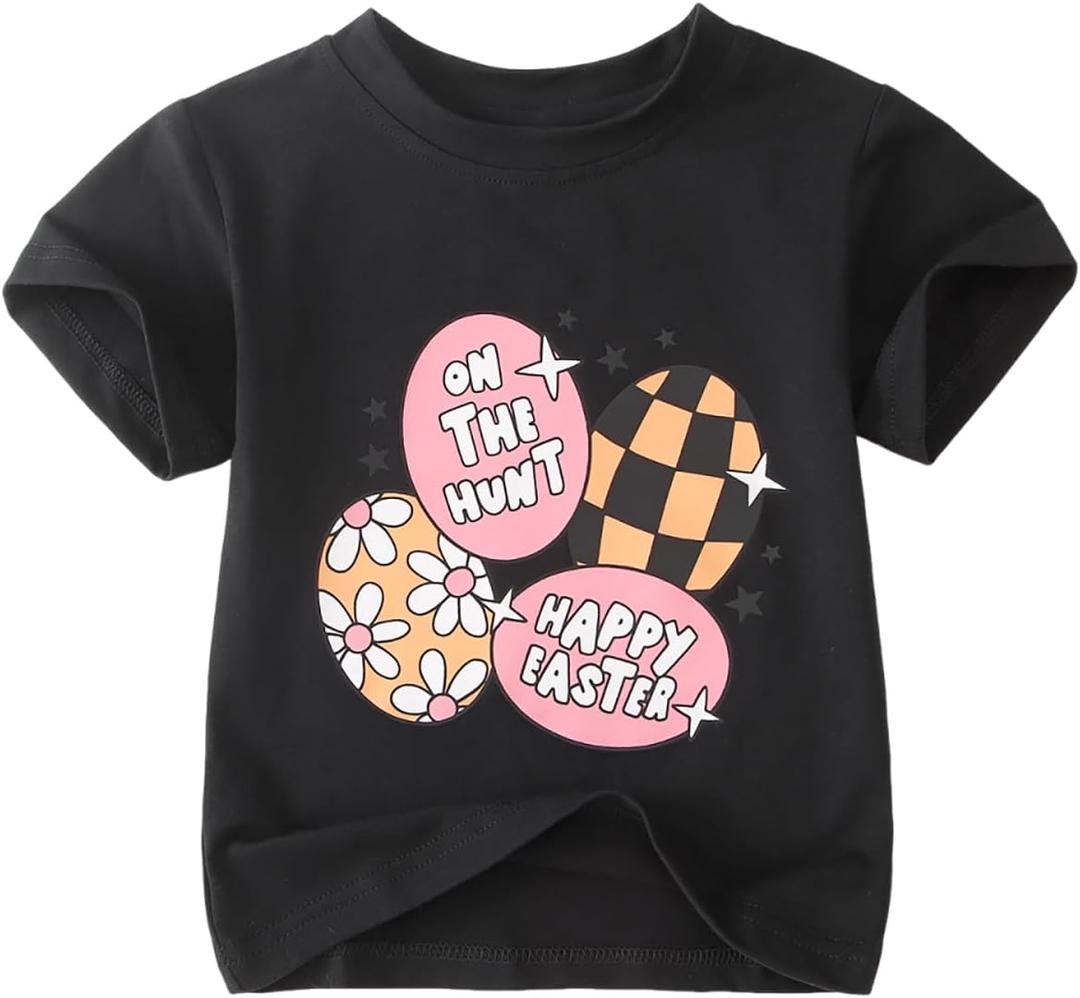 Toddler Easter Shirt for Baby Girls Happy Easter Eggs T-Shirt Short Sleeve Funny Floral Print Graphic Tees Tops (18-24 Months, Black)