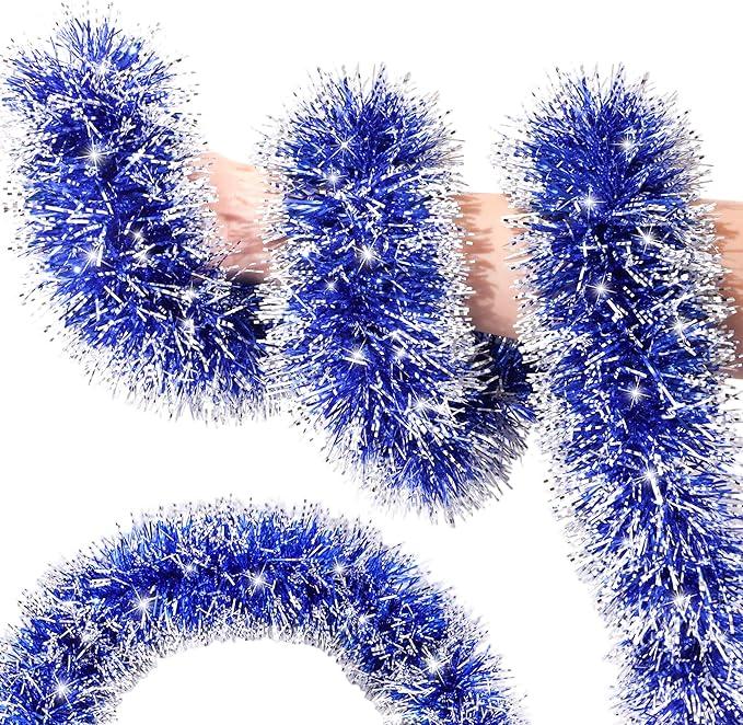 50FT Christmas Tinsel Garland - Metallic Twist Shiny Christmas Tree Decorations, Xmas Holiday Hanging Garland for Home Mantle Stair Indoor Outdoor Party Supplies Decor (Blue)