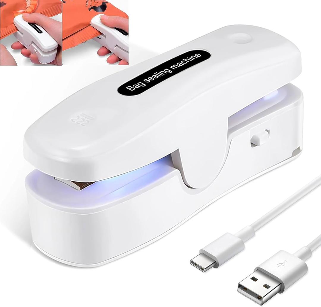 2 x 2 In 1 Mini Bag Sealer with Cutter, Rechargeable Heat Sealer, Portable Snack Bag Sealer for Plastic Bag Food Storage (Pure White)