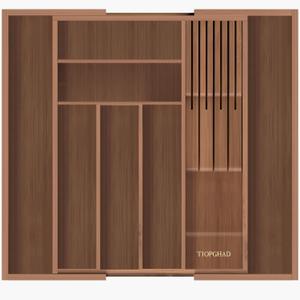Bamboo-Silverware-Drawer-Organizer-Kitchen, Expandable Utensil Holder Cutlery Tray Flatware Organization Adjustable Wood Tableware Dividers Storage (with Removable Knife Block)(Brown) (Large)