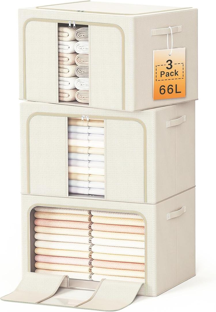 Clothes Storage Bins with Metal Frame, Foldable Clothes Organizers Storage Containers for Clothes, Sheets, Blankets, Pillows and Towels (66L, 3 Pack) Beige