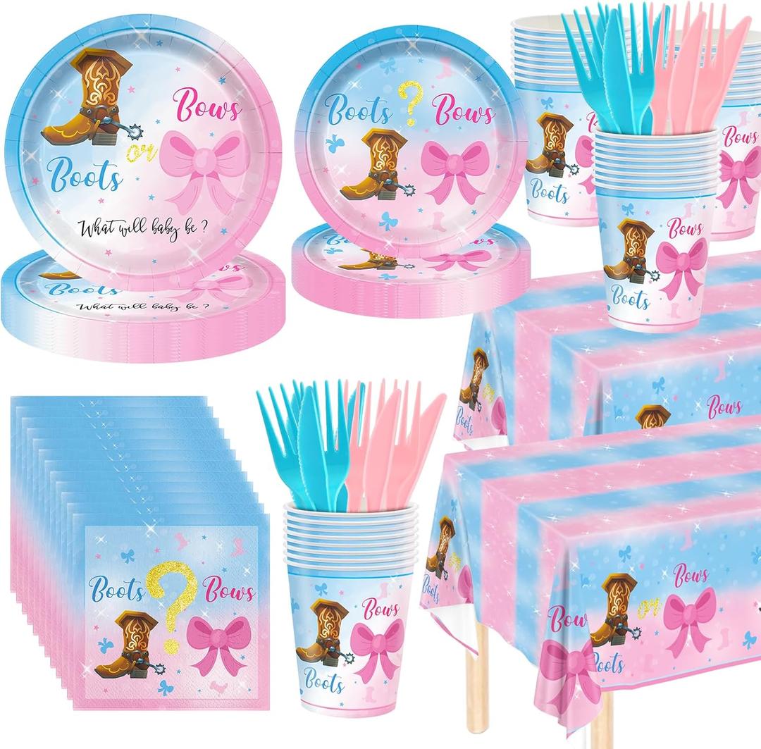 146Pcs Boots and Bows Gender Reveal Decorations Include Tableware-Plates-Napkins-Cups-Forks-Knives-Gender Reveal Tablecloth for Gender Reveal Decorations Serves 24