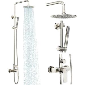Rainsworth Outdoor Shower Kit Brushed Nickel - Single Handle Brass Valve, 8 Inch Rain Shower Head and Handheld Spray Shower Fixture Combo, SUS 304 Stainless Steel Wall-Mounted Faucet