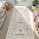 Deerly Floral Runner Rug 2x6 for Kitchen Hallway Bedroom Vintage Boho Washable Bathroom Runner Rugs Non-Slip Soft Low Pile Thin Indoor Carpet for Laundry Room Farmhouse Rug, Beige/Light Pink/Multi