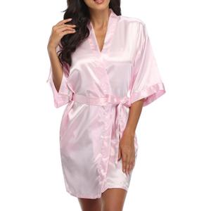 Women's Short Robe Silky Satin Pure Color Bathrobe Bridesmaid Bride Party Kimono V-Neck Sleepwear with Pockets (Pink, S)
