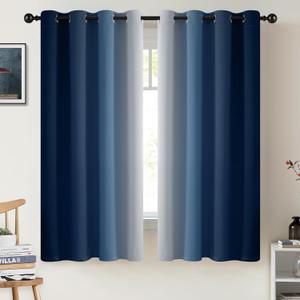 COSVIYA Grommet Ombre Room Darkening Curtains 63 inch Length, Blue and Greyish White Gradient Drapes Light Blocking Insulated Thermal Window Curtains for Bedroom/Living Room,2 Panels,52x63 inches